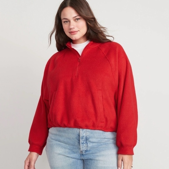 NWT Old Navy Oversized Sherpa Half Zip Sweatshirt in Red - Picture 1 of 9